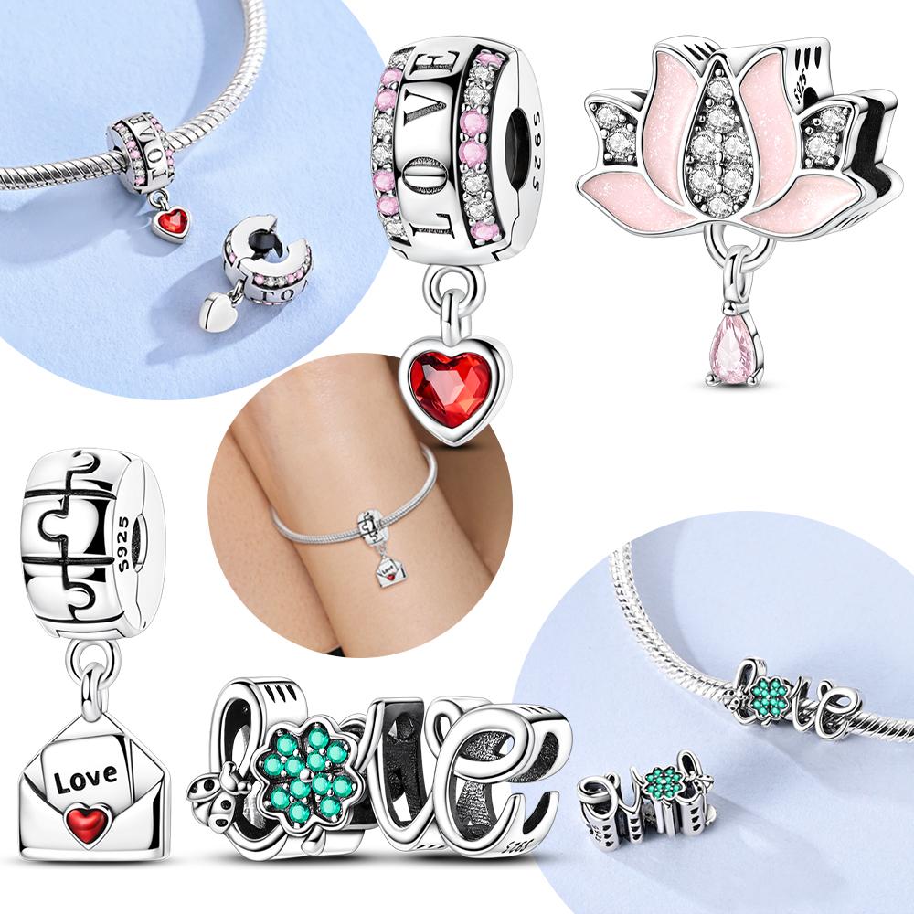 Four-Leaf Clover Heart Envelope Pendants Pink Lotus Flower Genuine Copper Beads Fits Bracelets Women Accessory Gifts Jewellery Do-It-Yourself