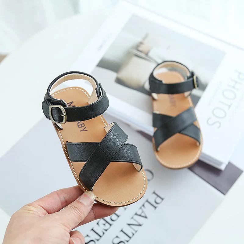 Fashion Cross-tied Sandals for Girls Cool Beach Slids Kids Shoes Boys Classic Black White Child Footwear School Shoe H01105