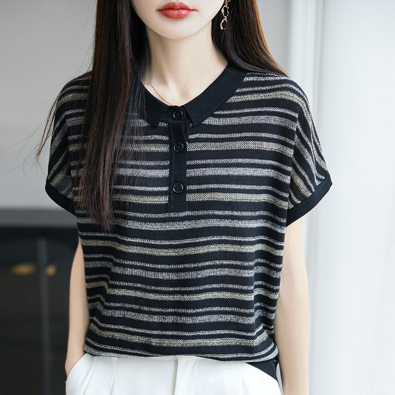 

Летний новый трикотажный свитер с V-образным вырезом, футболка с короткими рукавами, женская базовая рубашка в полоску контрастных цветов XL