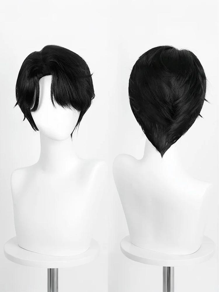 Kort Zwart Pruik Midden Scheiding Gelaagd Haar Gordijn Pony voor Cosplay Halloween Kostuumfeest Podiumshow en Gedurfde Dagelijkse Styling black