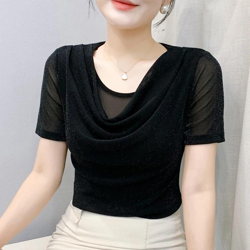 Summer Women's Draped Design O-Neck T-Shirt Trendy Elegant Short Sleeve Mesh Tops New Casual Fairy Tees Blouse