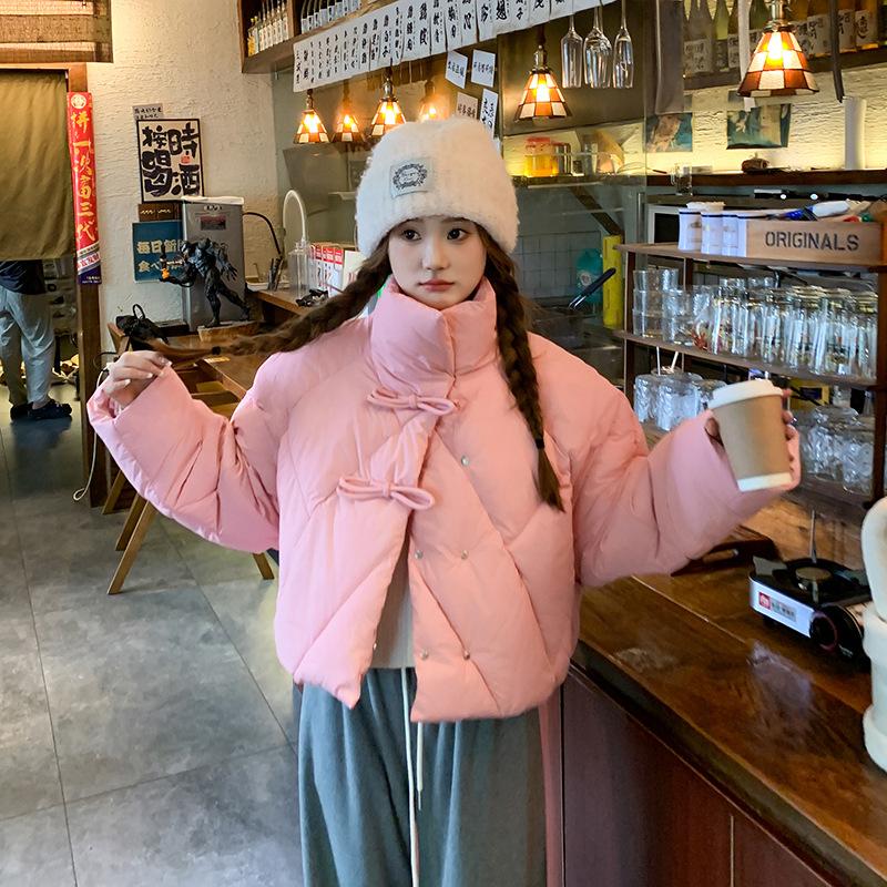 Bow pink stand-up collar down cotton jacket women's short winter 2025 new Korean version thickened jacket