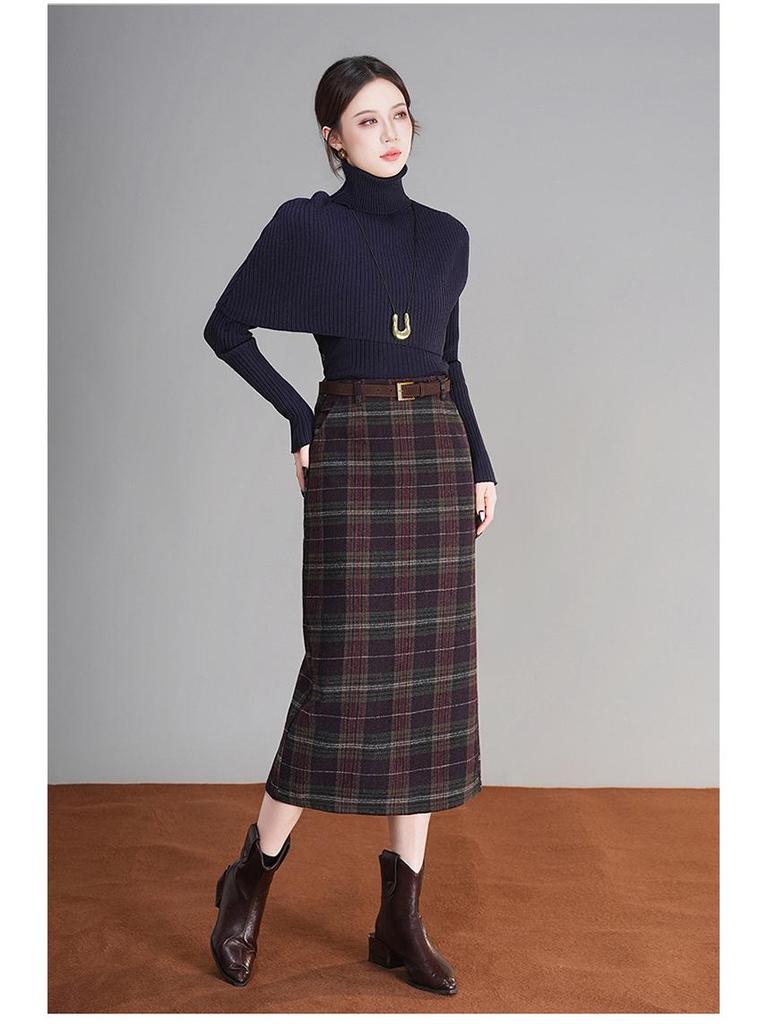 Plaid Wool Blend Split Pencil Skirt - 2025 Winter Mid-Length Vintage Style