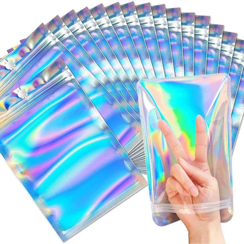 Resealable Laser Self Lock Bags Small Business Packaging Holographic Envelopes Flat Clear Plastic Candy Jewelry Food Storage Bag