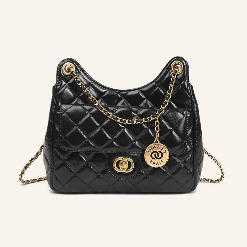 

New Top Layer Cowhide Women s Bag, Small Fragrant Style Diamond Grid Chain Shoulder Crossbody Bag чёрный