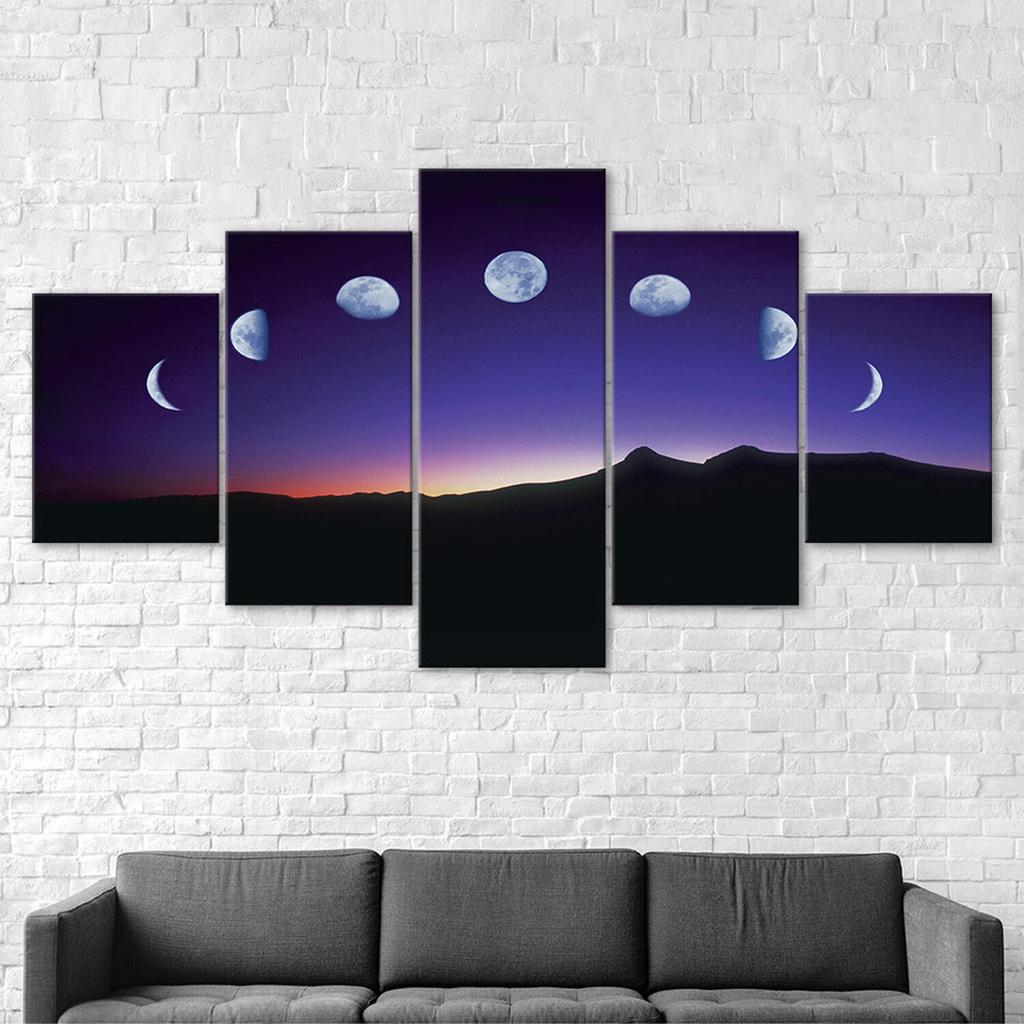 Moon Lunar Phases Night Sky Mountains Landscape 5 Piece Five Panel Canvas Print Modern Wall Art Poster Home Decor Gift For Him For Her