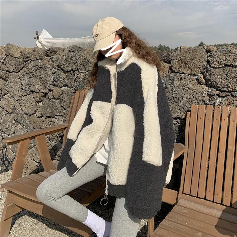 Elegant Coat Women Autumn Winter Warm Soft Zipper Patchwork Jacket Female Plush Overcoat Pocket Casual Outwear