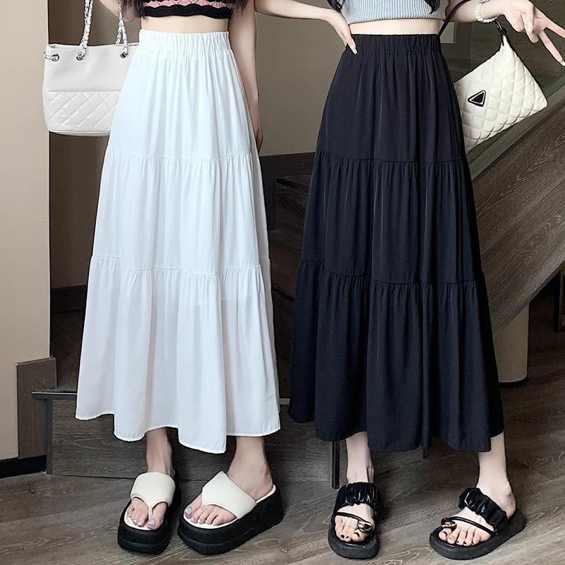 1PC High Waist Skirts Long Skirts A-line Skirts Polyester Chiffon White Elastic Women Vintage