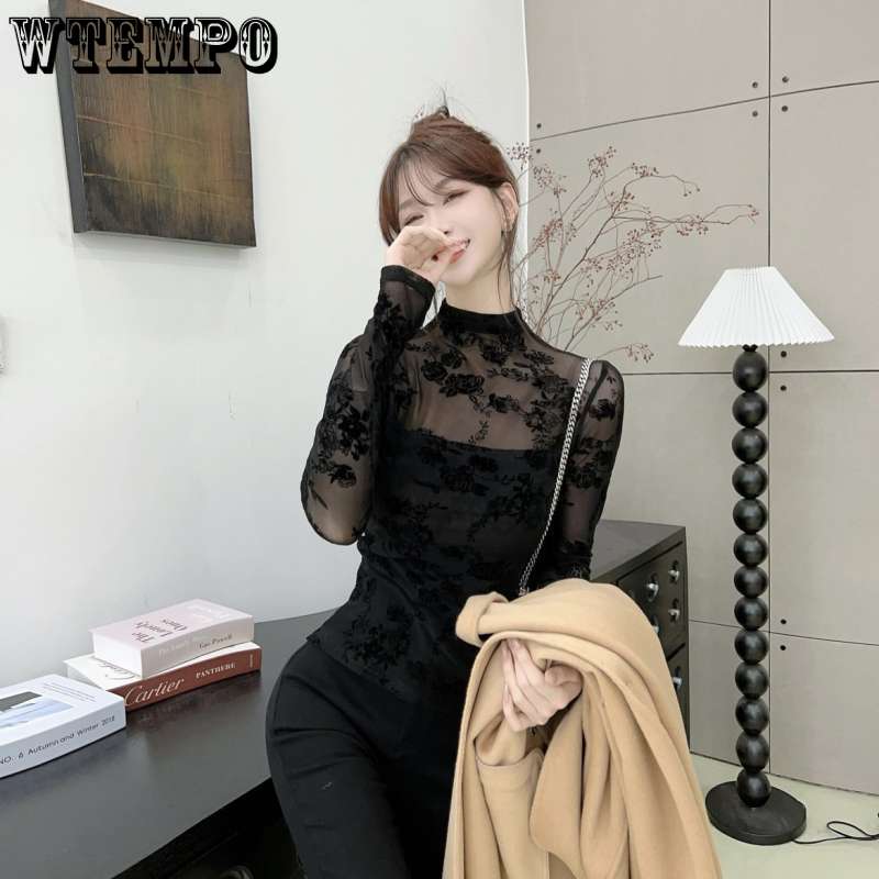 Svart krydderblonder flocking halv høy hals langermet t-skjorte dame høst og vinter premium følelse inner topper