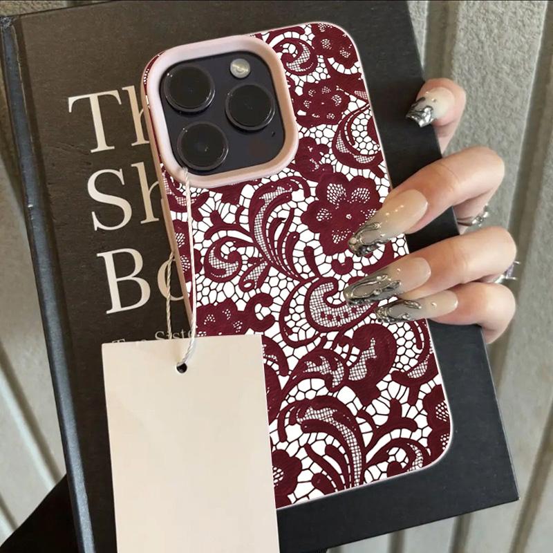 

Red Lace Design Lychee Texture Phone Case For iPhone 17 Pro Max 16 15 14 13 12 11 Pro 17 Air 15 14 Plus X XS XR 16E Soft Cover iPhone 15