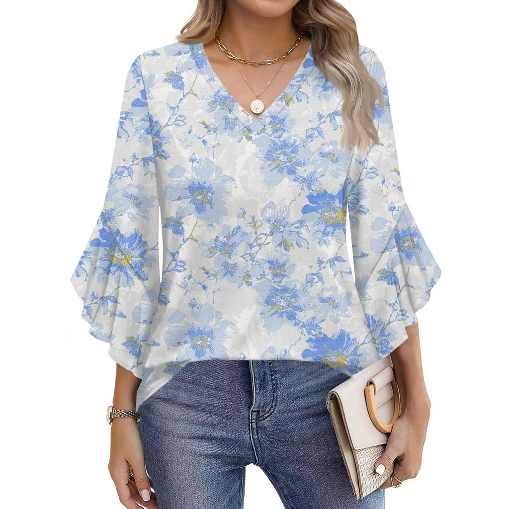 Blouses For Women Dressy Casual 3/4 Length Sleeve Womens Tops V Neck Tshirts Shirts With Flared Sleeve
