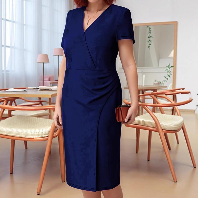 Spring Autumn Women's Black V Neck Wrap Midi Dress Short Sleeve Ruched Bodycon Work Dress