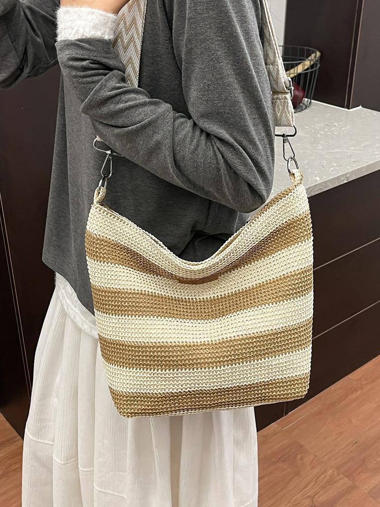Geflochtene Tragetasche im koreanischen Stil mit Reißverschluss für den lässigen Sommer-Strandtag