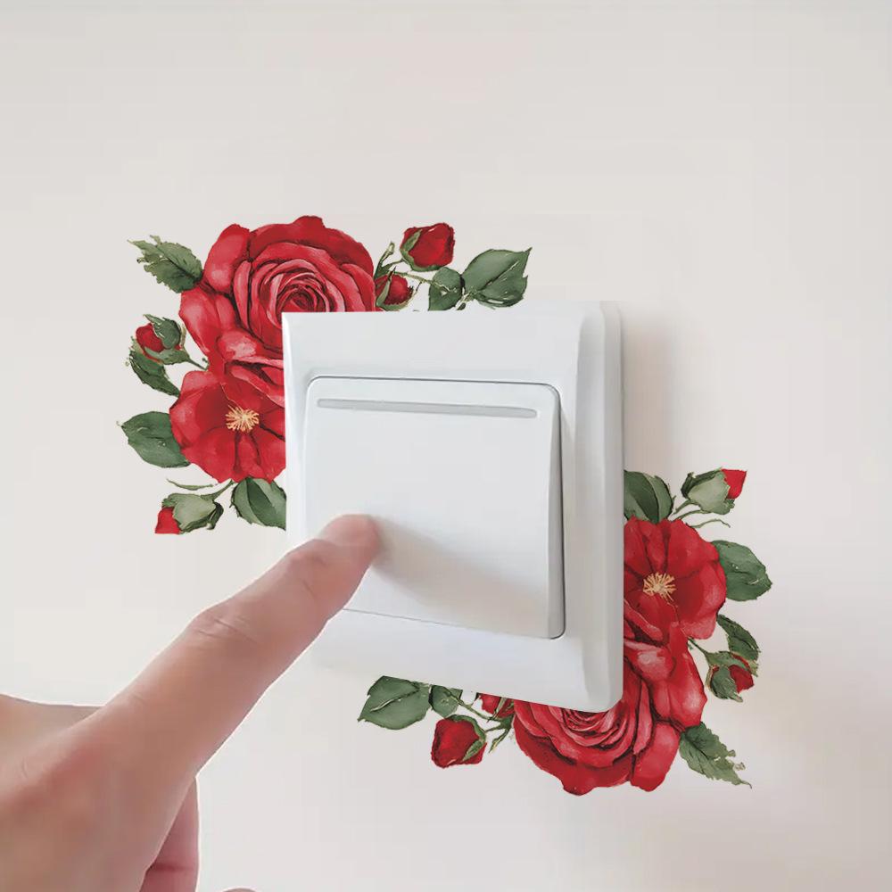 Decorative Stickers for The Wall Switch in The Background of The Living Room Entrance with Painted Romantic Roses