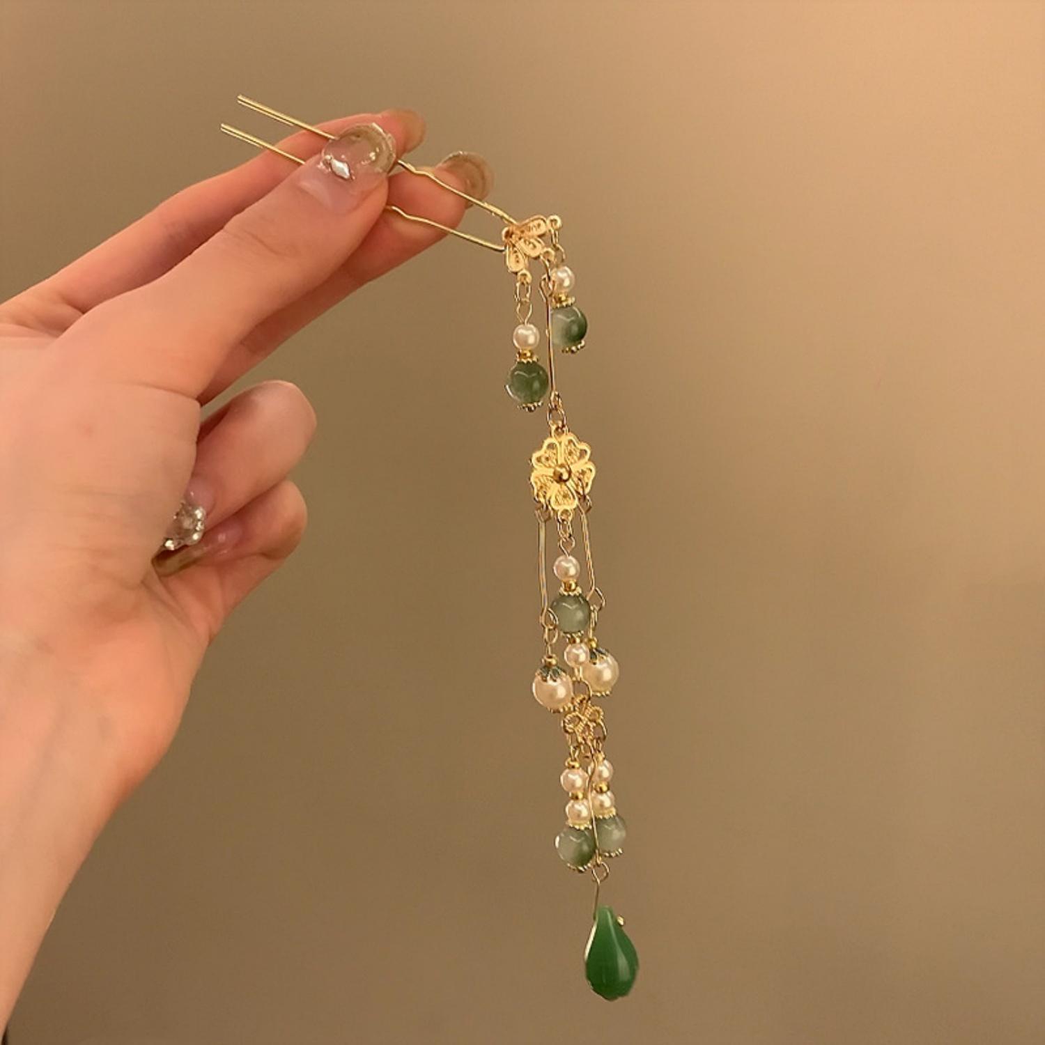 

Винтажная шпилька для волос U-образной формы для женщин, элегантная китайская шпилька для волос с кисточкой из нефрита, для платья ханьфу, ципао, украшение для волос, шпилька