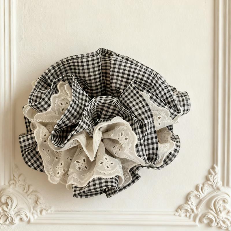 High-End Korean Plaid Lace Scrunchie for Women - Oversized Hair Tie & Bun Accessory