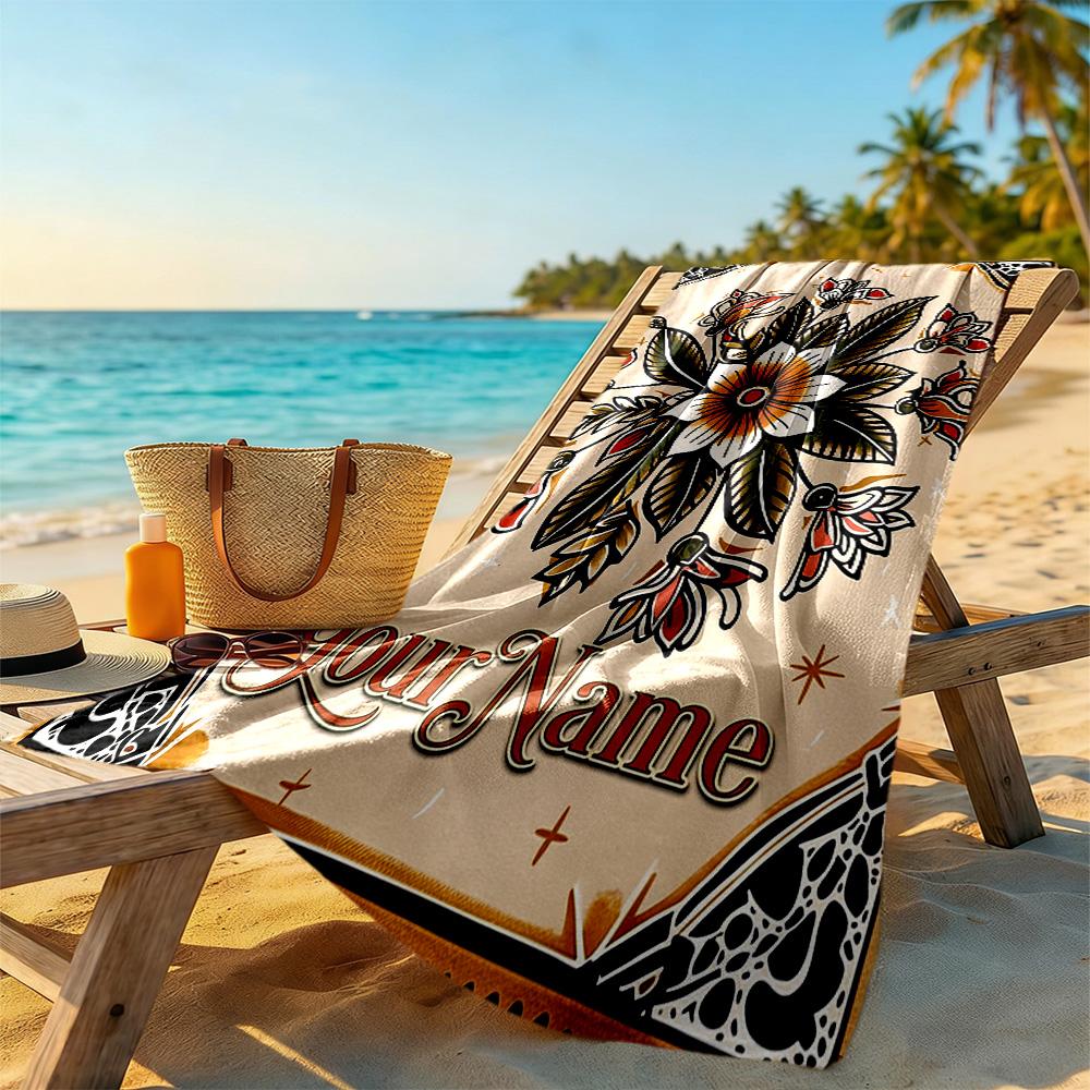 Tattoo Style Customizable Name Beach Towel High Absorbency & Quick-Dry Perfect for Traveling Yoga Camping and Swimming