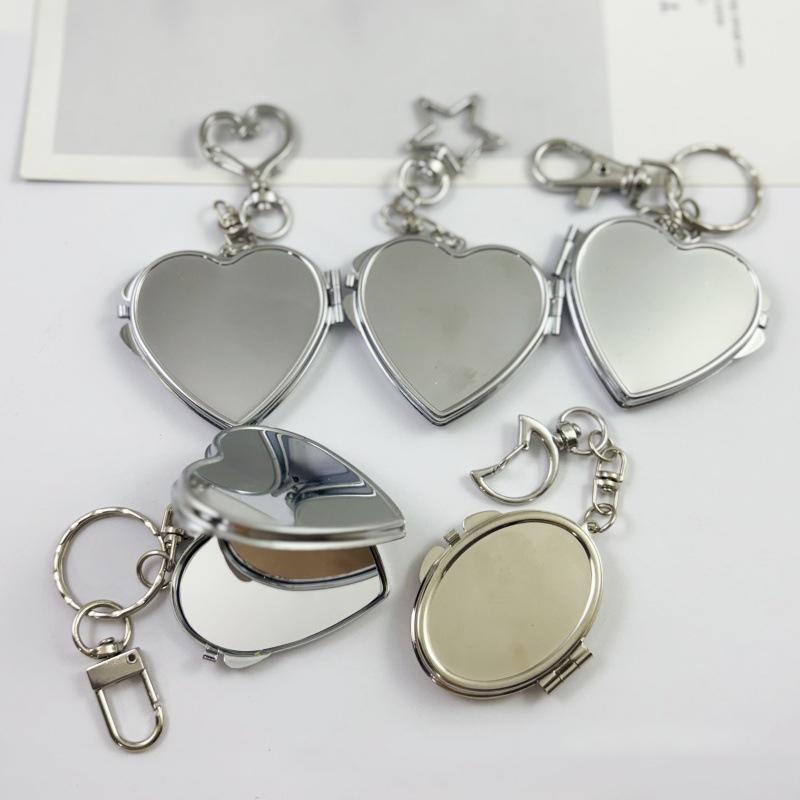 Flip Folding Mirror Keychain Travel Pocket Mirror Key Ring Metal Elliptical Heart-Shaped Mirror Anti-Lost Phone Camera Pendant