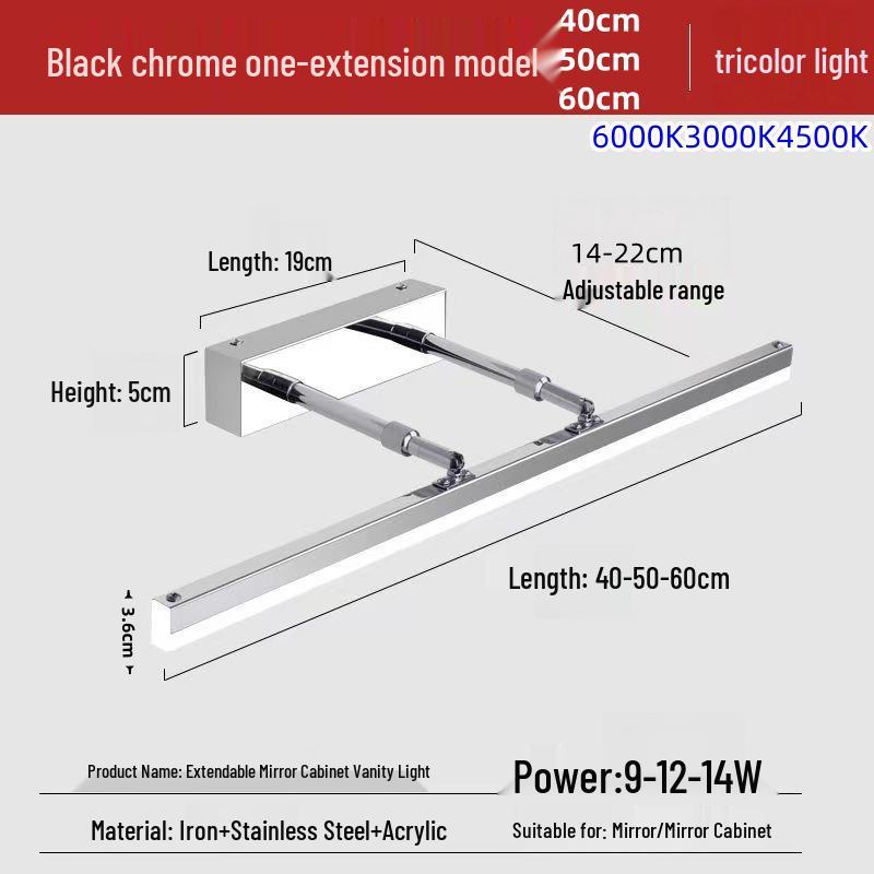 Waterproof LED Vanity Light with Retractable Bracket and Mist-Proof Acrylic Shade for Bathroom Mirrors.