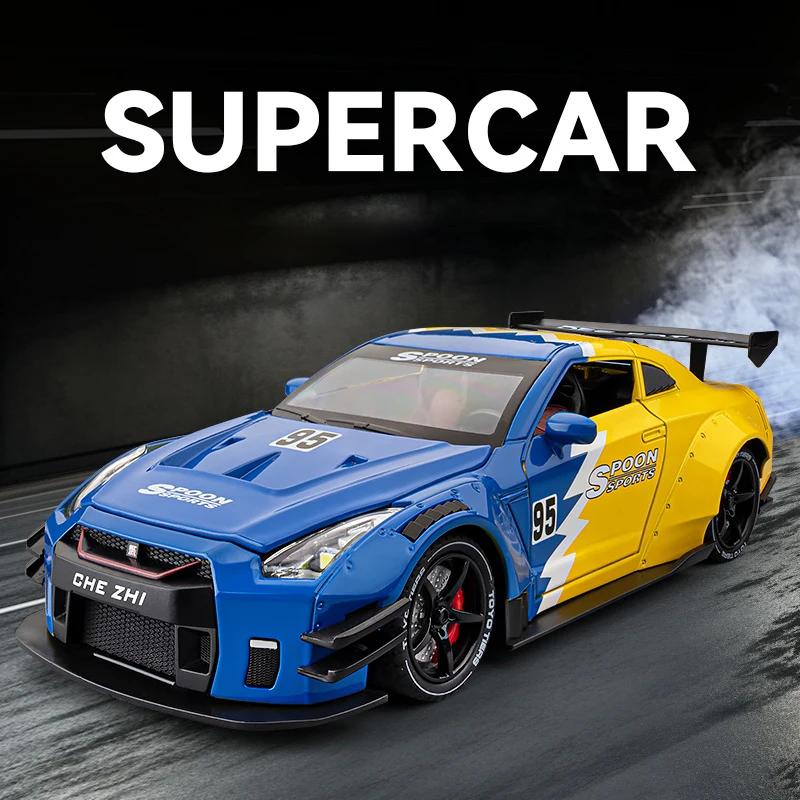 Spray 1/24 Nissan GTR R35 Skyline Ares Supercar Alloy Diecast Model Car Sound Light Library Bookcase Display Ornaments Gifts