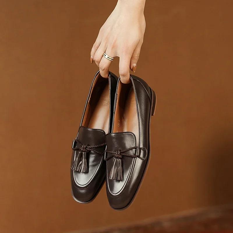 2025 Spring Genuine Leather Women Shoes Casual Slip-On Loafers Comfortable Simple Shoes Square Toe Shoes Woman Zapatos De Mujer