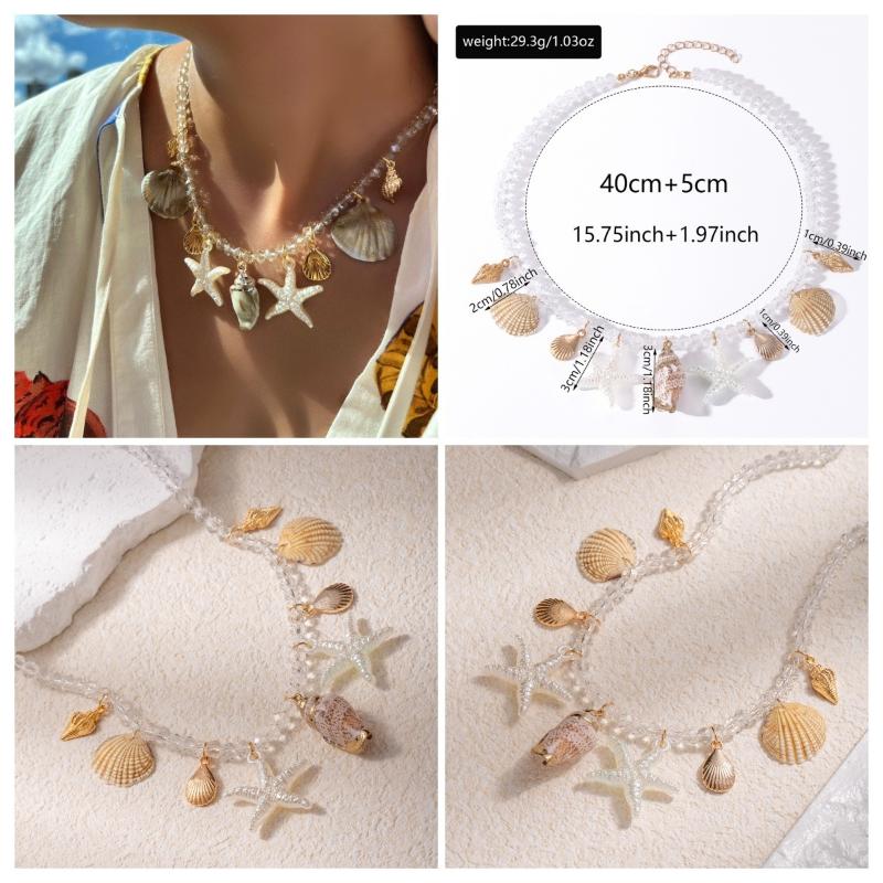 Summer Shell Starfish Conch Pendant Necklace For Women Transparent Crystal Bead Necklace Vacation Style Jewelry Accessory