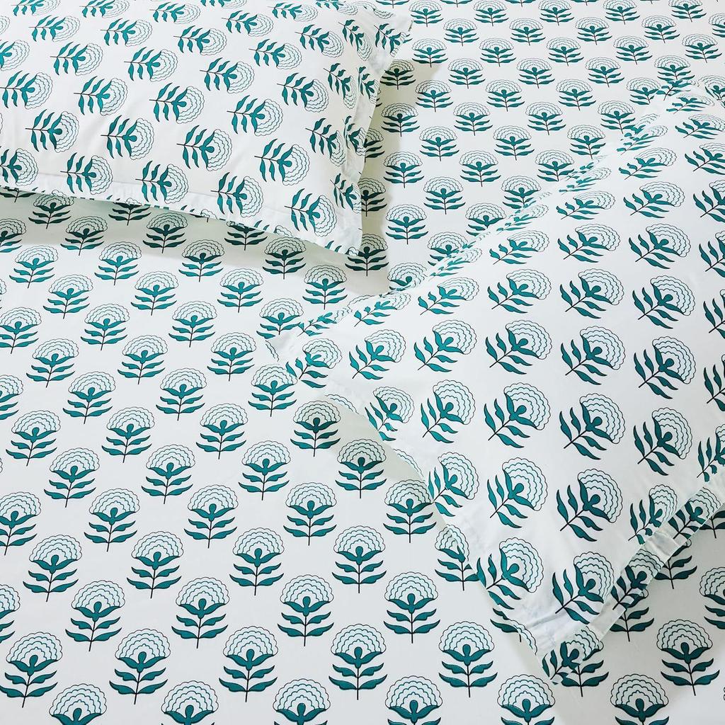 King Size Flat Bedsheet with 2 Pillow Cases | 180 TC | 100% Cotton | Washing Machine Washable | 90 x 108 Inches | Floral Design (Green)
