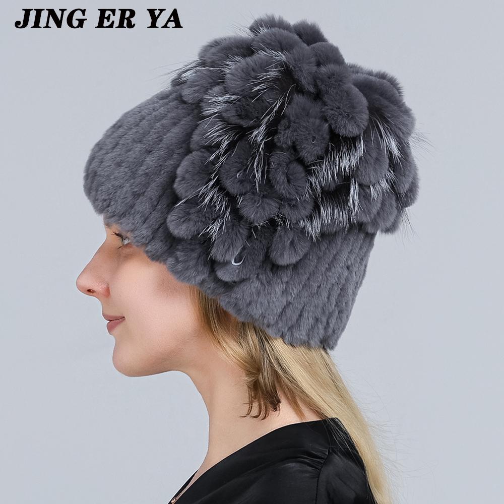Winter Women's Warm Fashion Beanie Knitted Hat Real Rex Rabbit Fur Hat Knitted with Side Flower Russia Hat