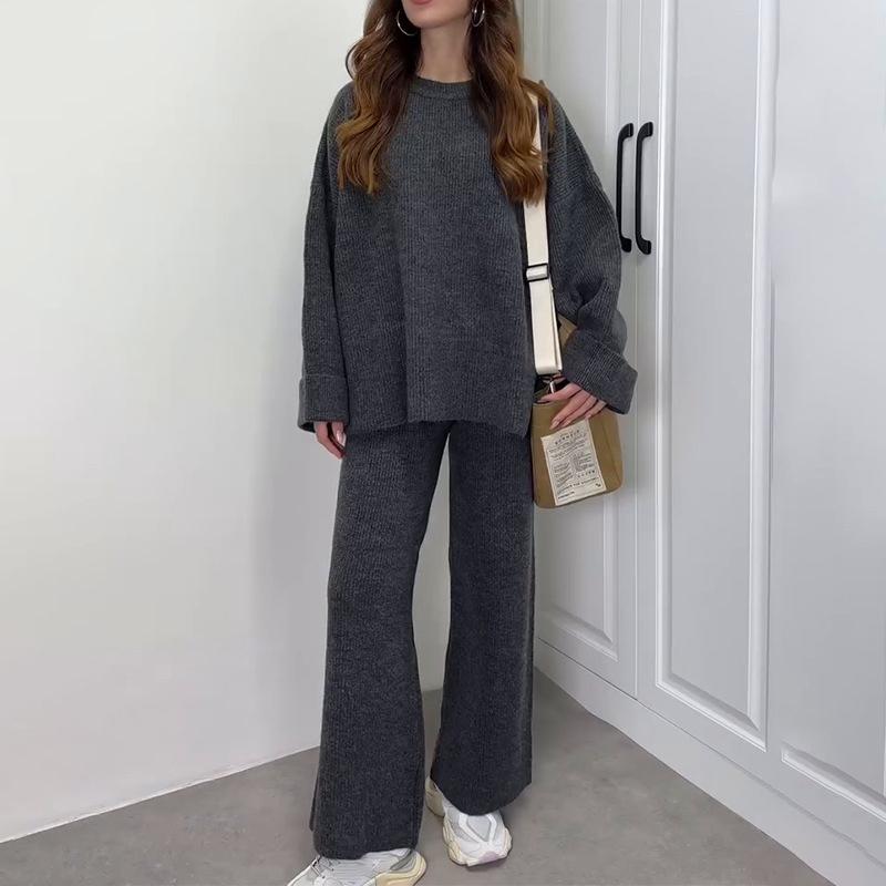Women Casual Solid Color Knit Sweater Two Piece Set Autumn Winter Thick Round Neck Loose Pullover Wide Leg Pants Matching Sets