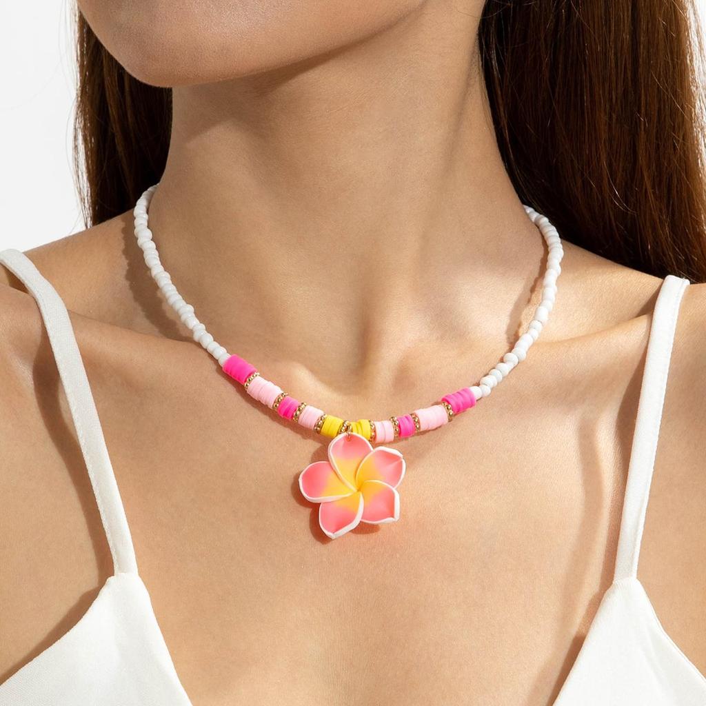 Modische Süße Hawaiianische Stil Bunte Weiche Keramik Ei Blume CCB Anhänger Halskette für Damen Personalisierte Strandurlaubsstil Halskette