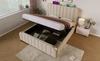 Double Bed, Upholstered Headboard, Golden Decorative Stripes, USB Type-C Charging, 140*200 cm, Beige Linen, Hydraulic Storage, 181 kg (With Mattress)