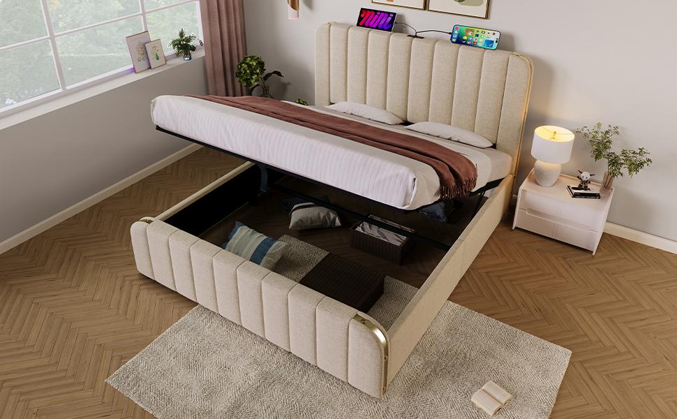 Double Bed, Upholstered Headboard, Golden Decorative Stripes, USB Type-C Charging, 140*200 cm, Beige Linen, Hydraulic Storage, 181 kg (With Mattress)