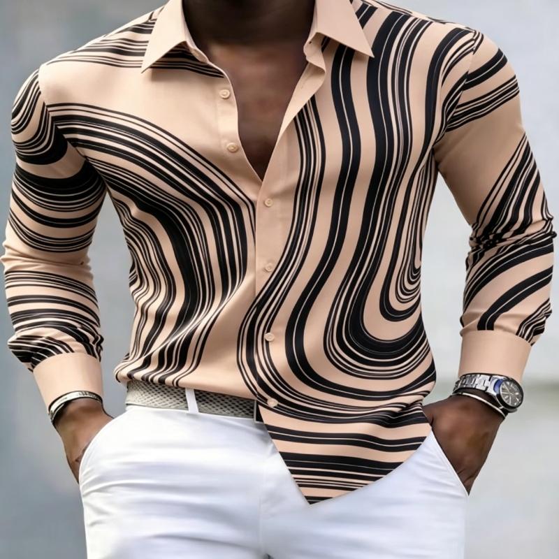 European American Trendy Men Abstract Swirl Stripe Printed Long Sleeve Shirts Spring Autumn Soft Stretch Silky Fabric Lapel Butt