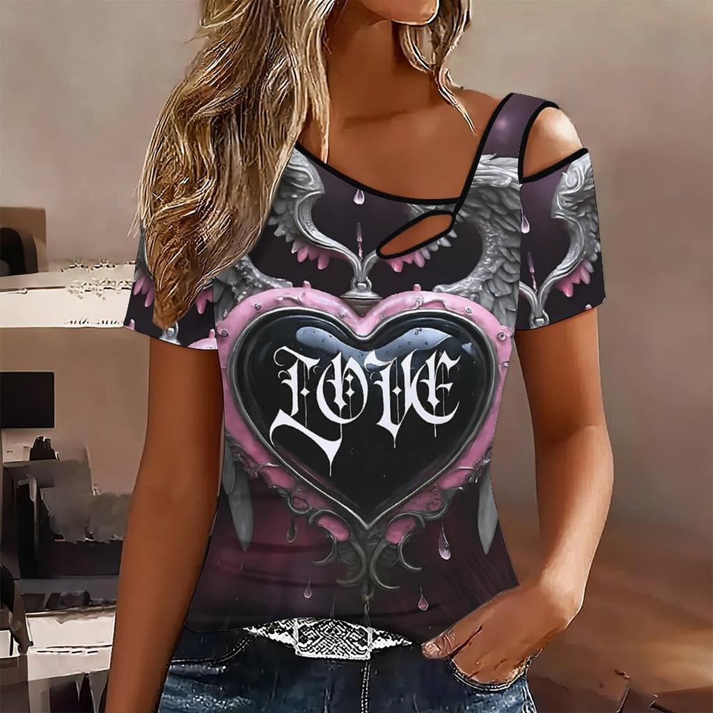 T-shirt da donna a maniche corte con stampa a forma di cuore, spalle scoperte, scollo irregolare con ritaglio, top casual estivo