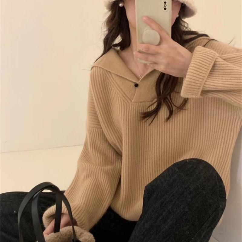 Solid color fashionable simple pullover sweater women's autumn and winter new versatile loose and thin knitted sweater top