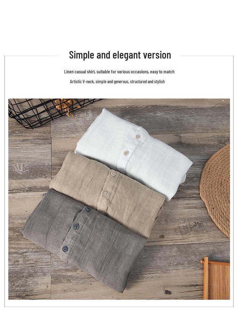 Men's Summer Linen V-Neck Stand Collar Short Sleeve Retro T-Shirt - Plus Size, Thin & Breathable