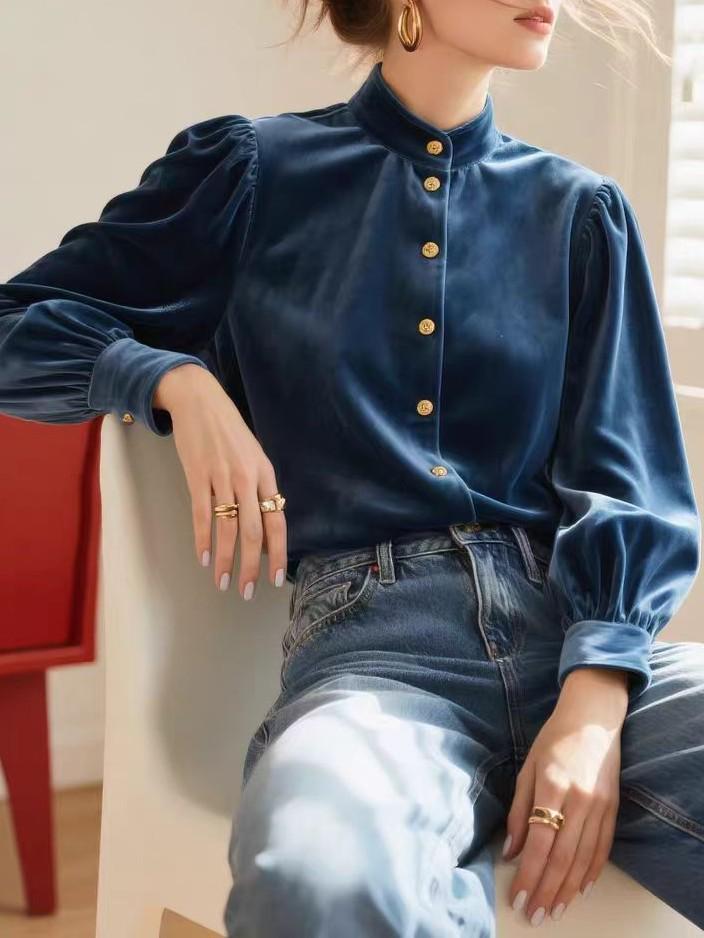 Women's Velvet Stand-Up Collar Shirt - 2025 Autumn/Winter Collection, High-End Long-Sleeved Top.