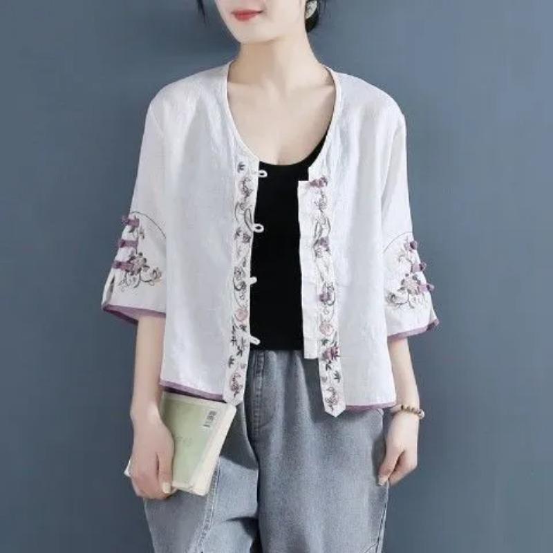 Retro Embroidered Plate Button Linen Cotton Shirt Women's Summer New Chinese Zen Tea Suit Loose Short V-neck Top