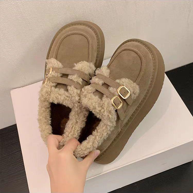 Platform cotton shoes for women to wear in winter, new fashion, lazy, one pedal, snow cotton retro velvet