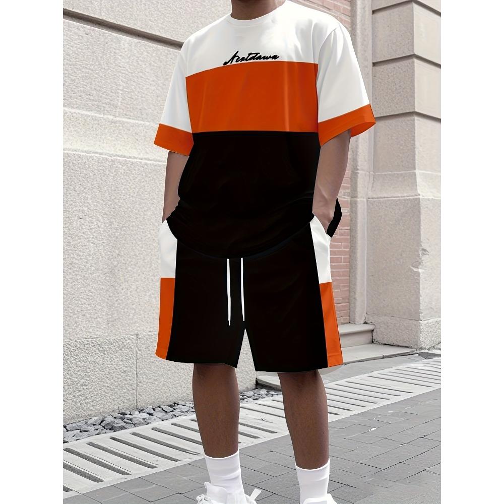 Men's Fashion Striped Patch Print Set, Comfortable and Breathable Round Neck T-shirt Two-piece Set, Outdoor Casual Wear