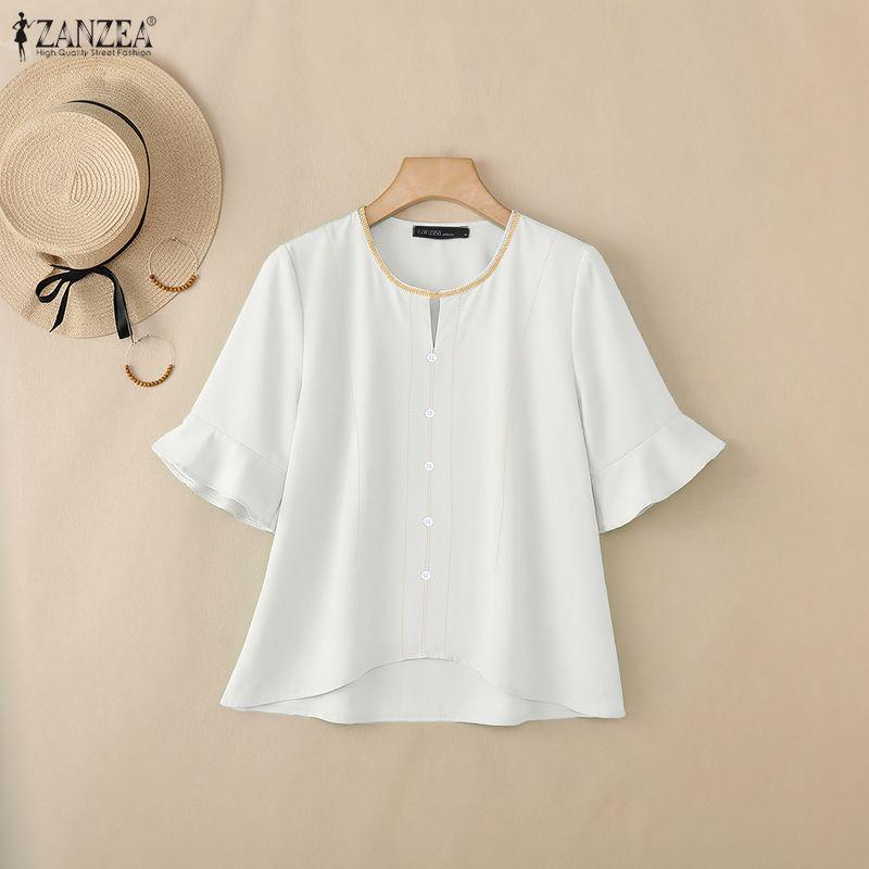 ZANZEA Women Casual Round Neck Solid Color Loose Half Sleeve Blouse