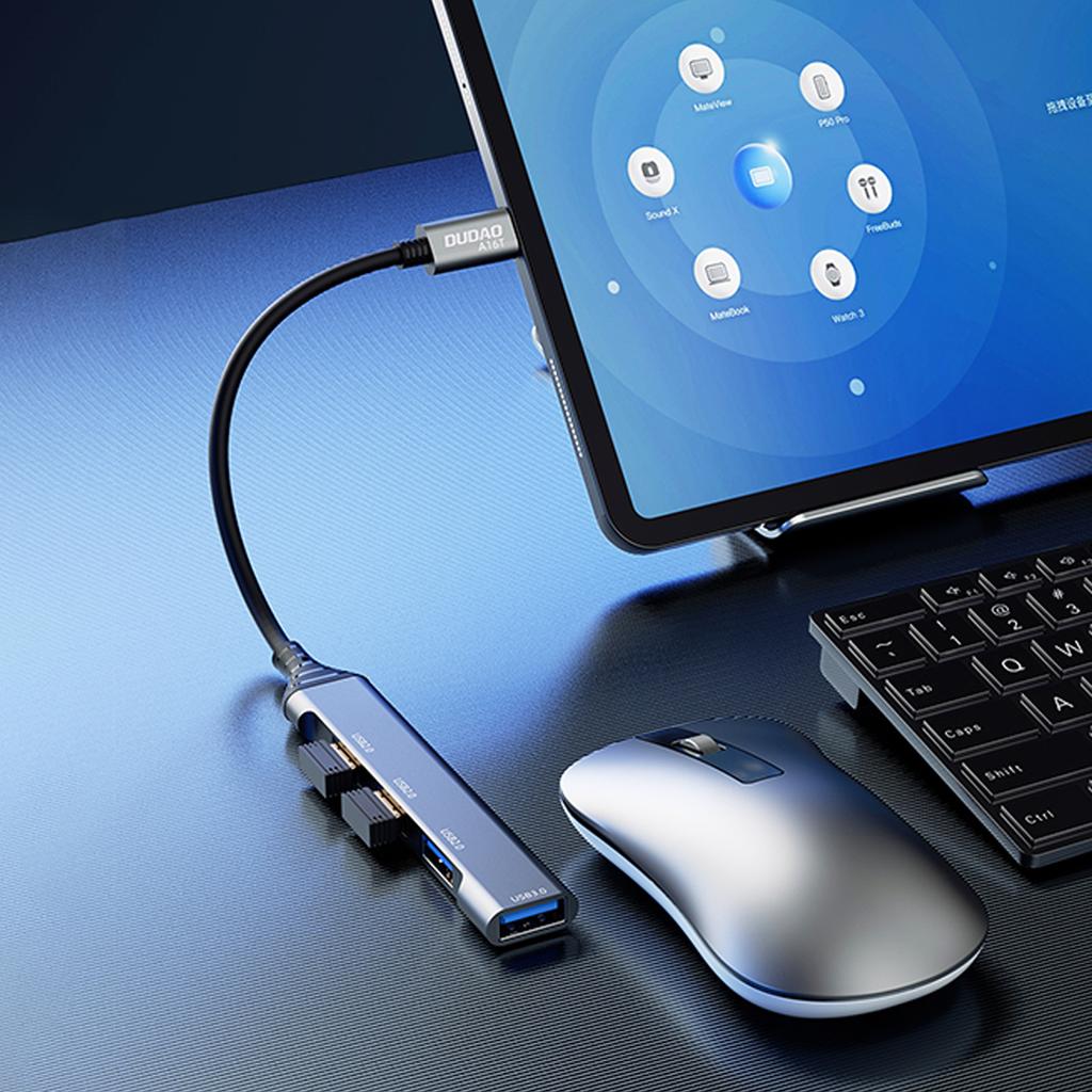 Dudao 6.3cm USB-C Hub (4-in-1) with 4x USB-A Ports (3x USB2.0 / 1x USB3.0) - Black (Model A16T)
