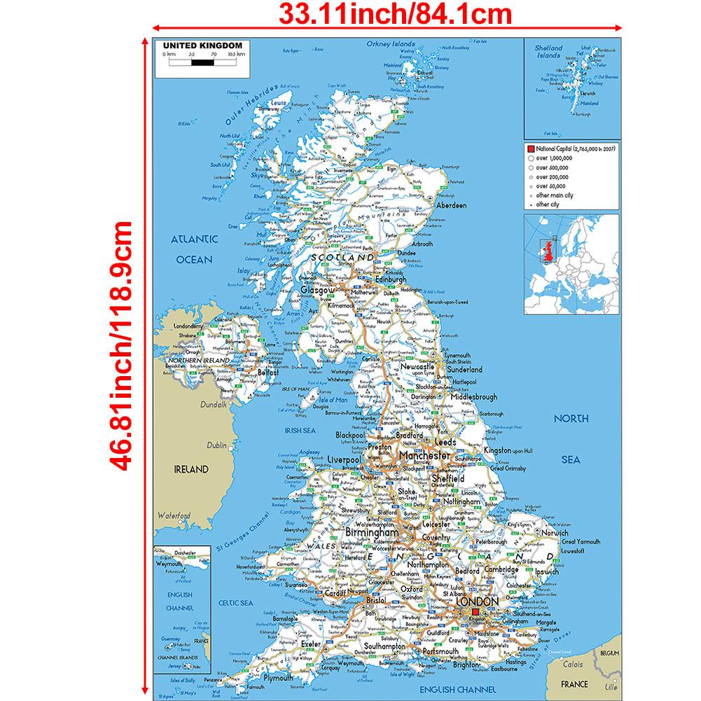 A0-84.1*118.9cm Dekorativní závěsný obraz Mapa Spojeného království Nástěnné umění Plakát Malba Bez rámu Dárek Cestovní nástroje