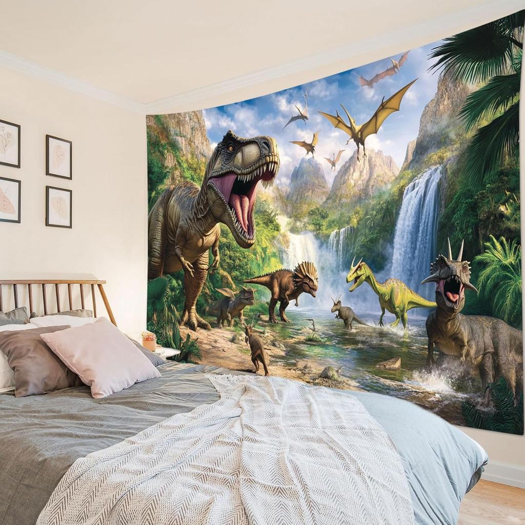 Dinosaur Tapestry for Bedroom, Ancient Wild Animal Dinosaur In Green Forest Tapestry Wall Hanging Mountain Nature Landscap