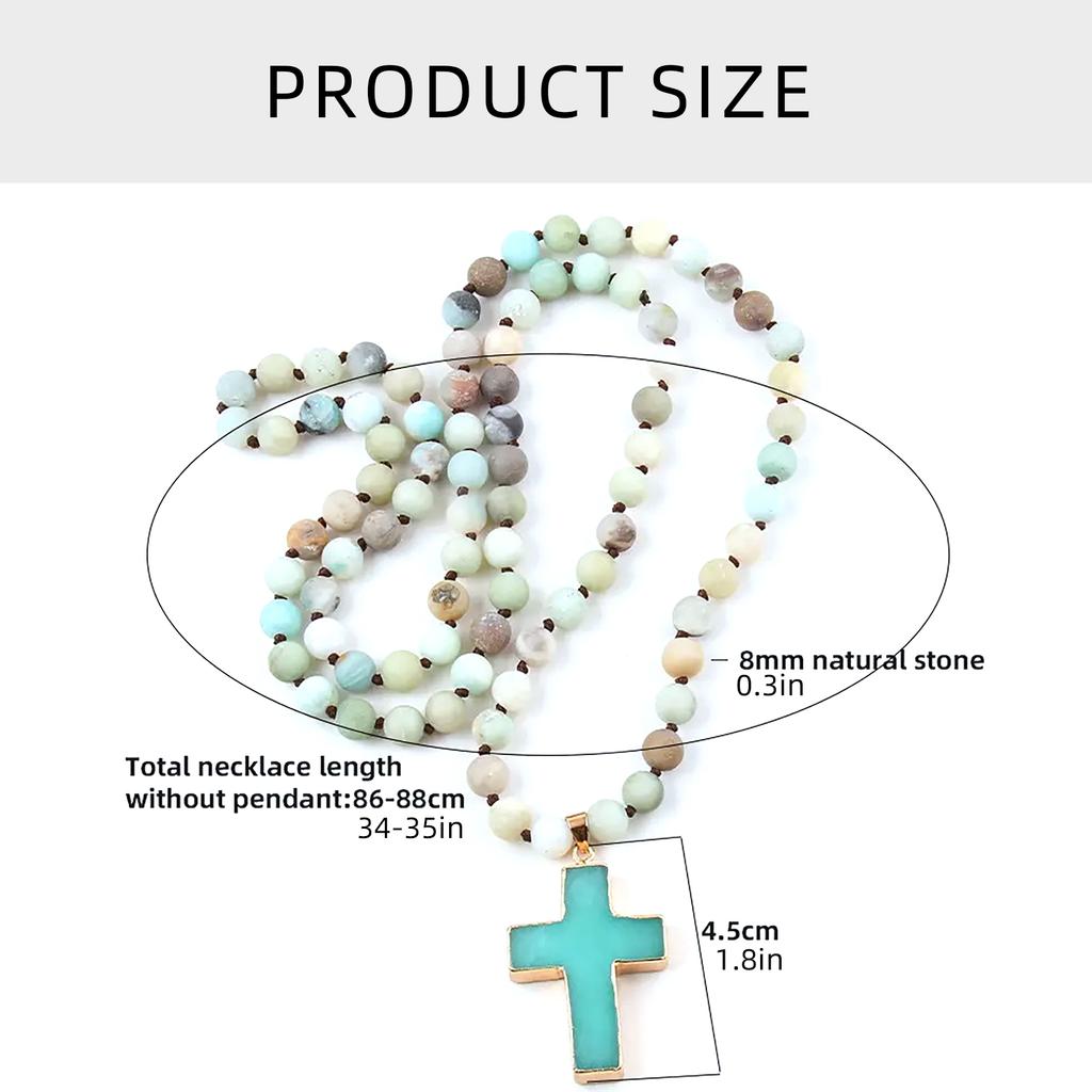 Ethnische Stil Schlüsselbein Kette 8mm Mattierter Natürlicher Stein Kruzifix Anhänger Halskette Verstellbare Länge Halskette für Damen