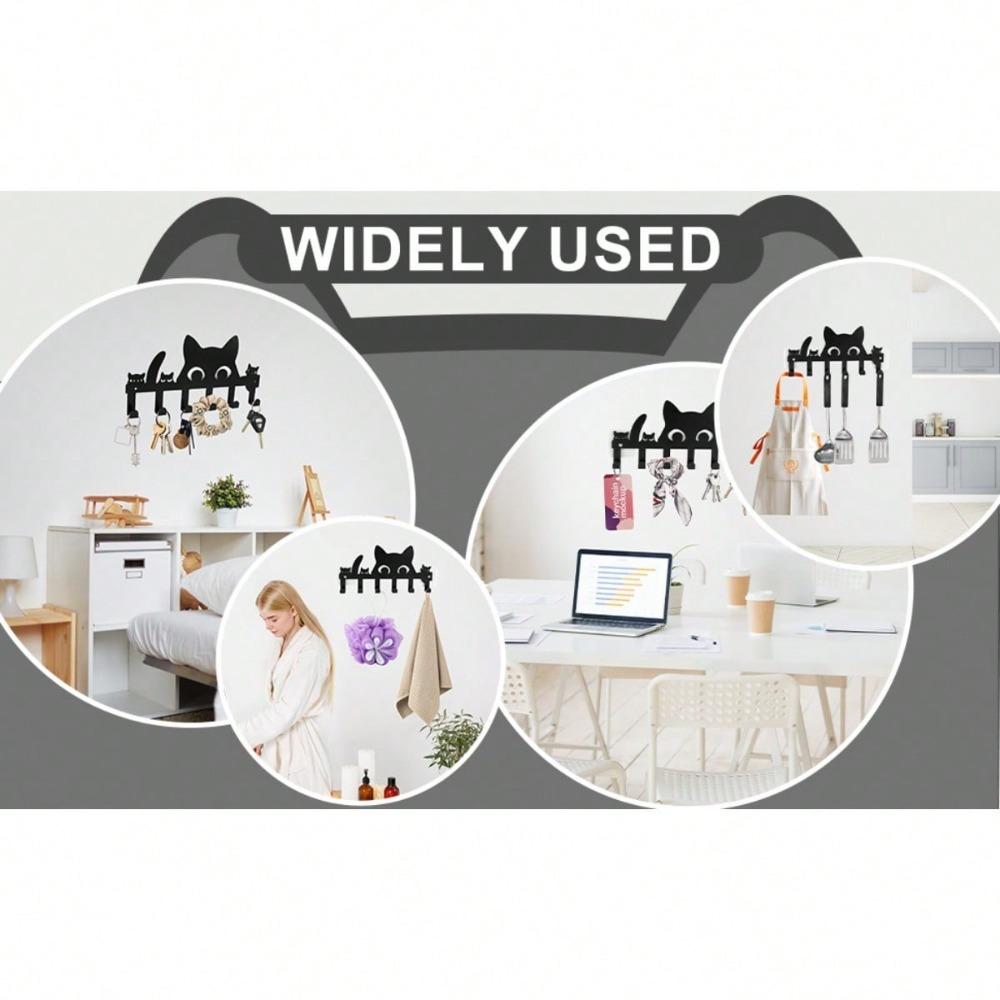 Wall Mounted Cat Key Holder 6 Hooks Self Adhesive No Drill Space Saving Entryway Decor