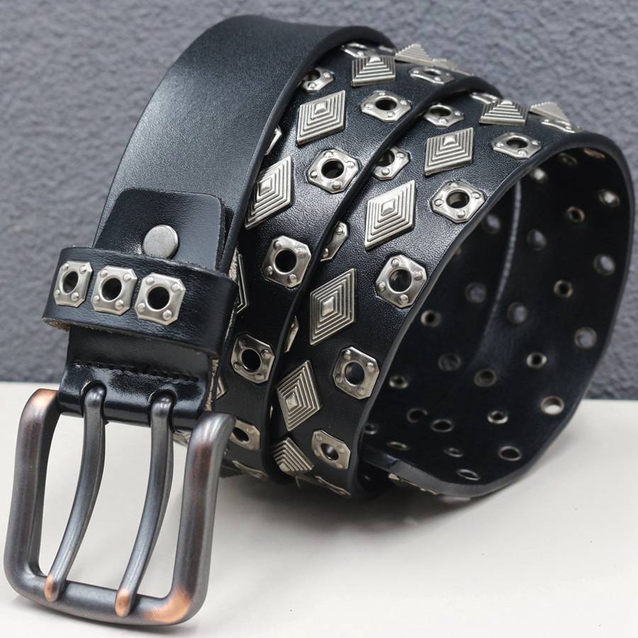 Rivet Belt Genuine Leather Double Pin Buckle Belt Classic Hollowed Out Strap Jeans Cowhide Men Waistband Width:3.8cm
