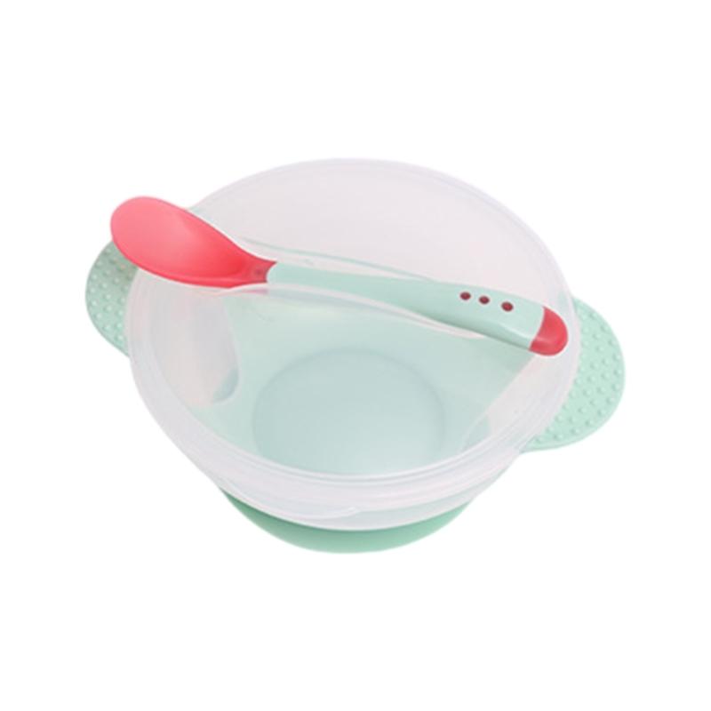 Infant Feeding Bowl Strong Suction Base with Temperature Sensing Spoon Safe for Baby Learning To Eat Independently