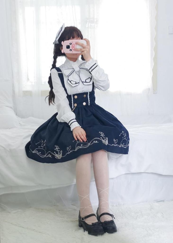 Lolita Long Sleeve Blouse High Waist Skirt Ribbon Tie Sailor Collar Claroli Costume Photo Shoot Cosplay Navy 4 Piece Set [Lady Lazy] (S)