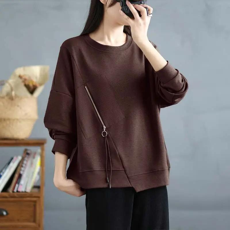 Autumn and Winter Loose Long-sleeved T-shirt Base Shirt Design Sense of Niche Irregular Round Neck Sweatshirt for Women
